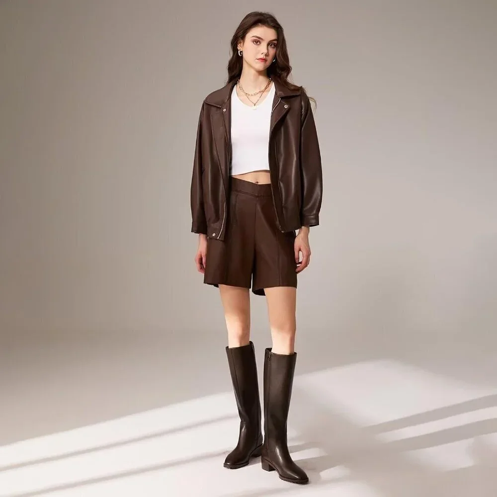 Women Brown Chunky Low Heel Square Toe Elastic Tall Boots Side Zipper PU Lea